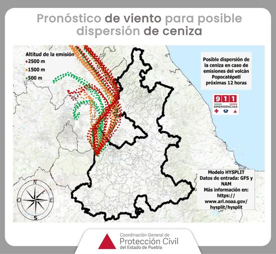 Pronóstico de viento para posible dispersión de ceniza