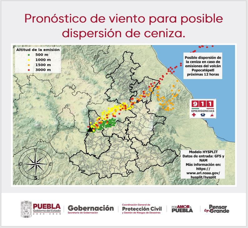 Modelo HYSPLIT indica que la ceniza, en caso de emisiones del volcán Popocatépetl, podría dirigirse al noreste: