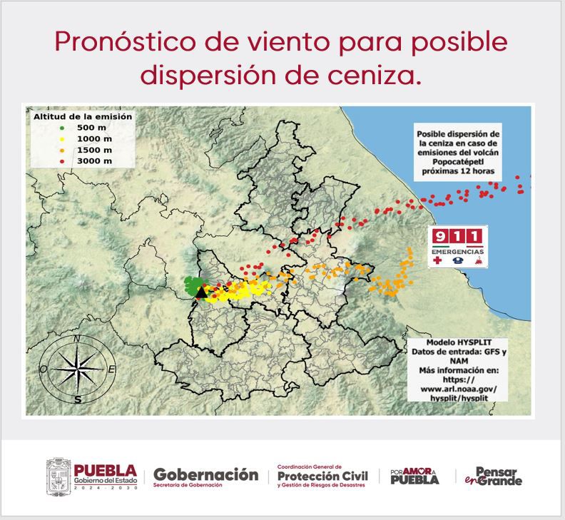 Modelo HYSPLIT indica que la ceniza, en caso de emisiones del volcán Popocatépetl, podría dirigirse al este-noreste: